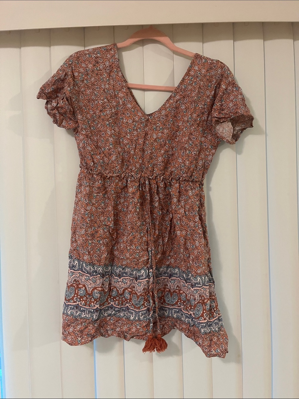 Floral Boho V-Neck Tassel Tunic Dress - Rust Blue
